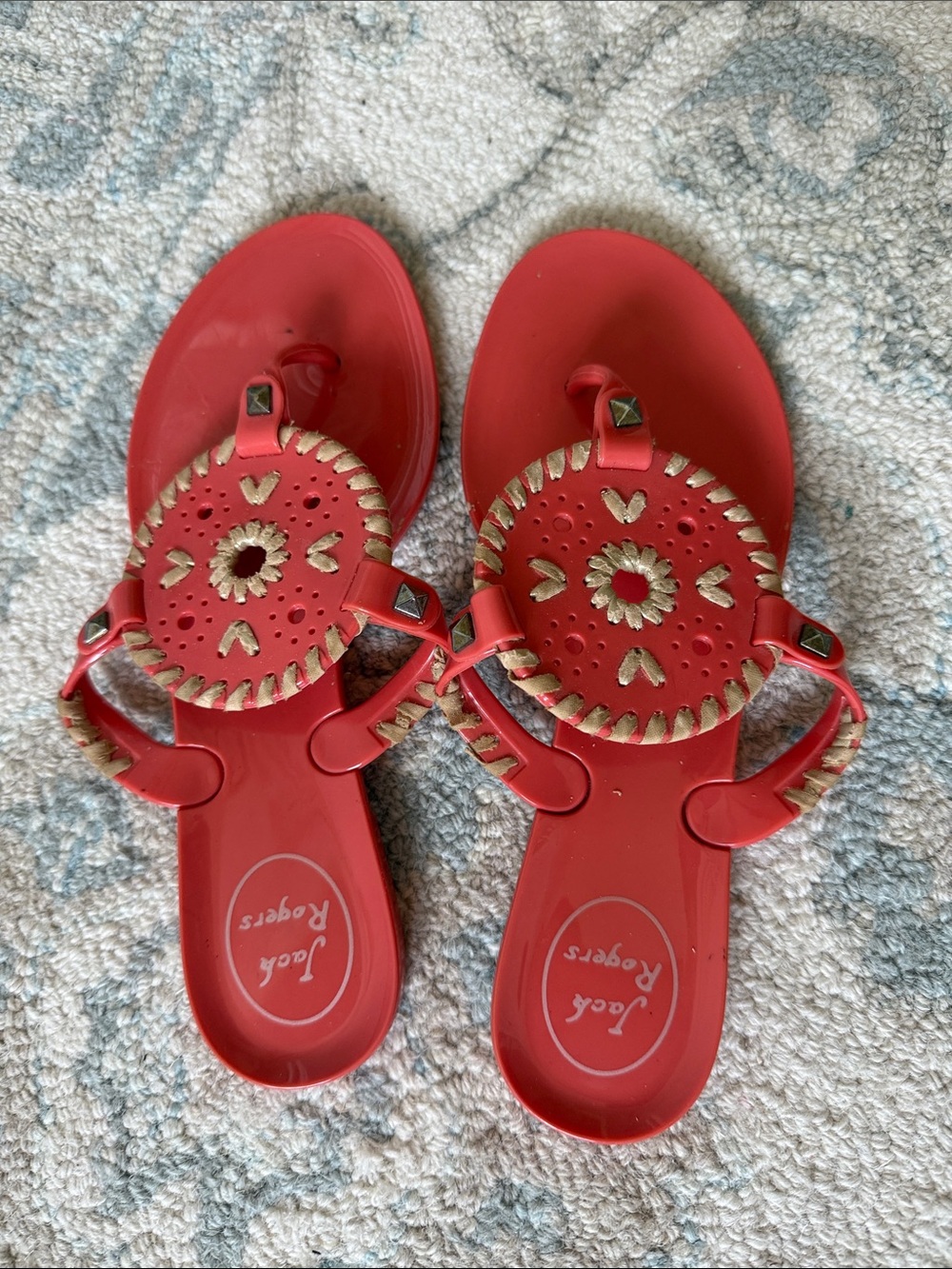 Jack Rogers Red Coral Sandals with Braided Metallic Trim size 7
